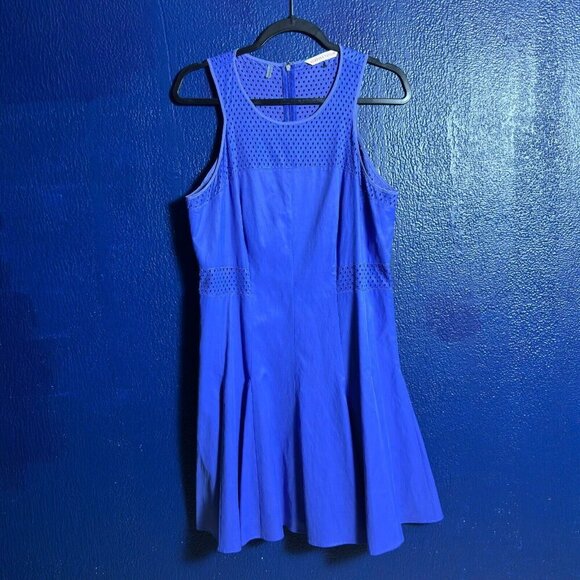 Rebecca Taylor Blue Princess Seam Laser Cut Dress Fit Flare Skater Zip - Picture 3 of 11